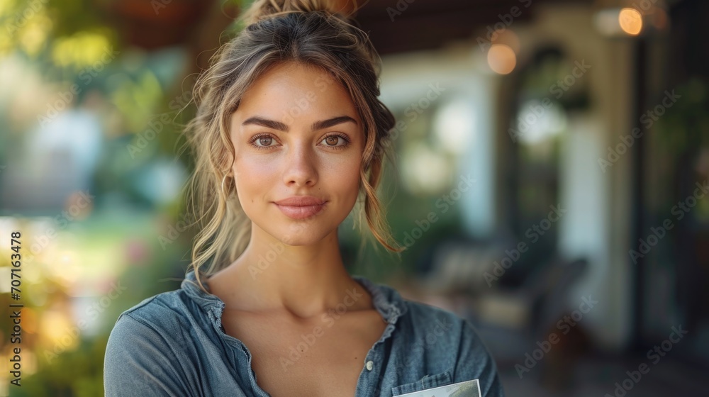 Obraz premium Professional female real estate agent with a luxury property, showcasing expertise in high-end real estate.