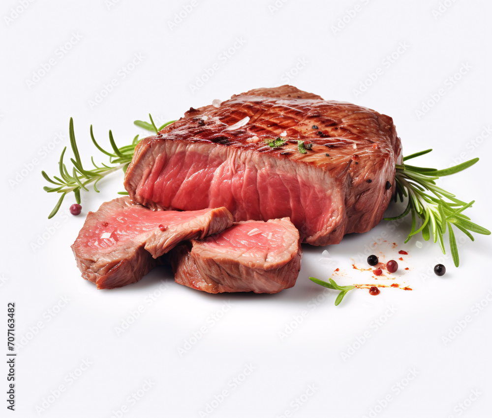 Medium rare beef steak on white background