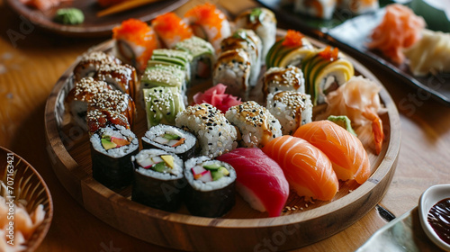 different types of rolls and sushi on a round plate, on a wooden table photo
