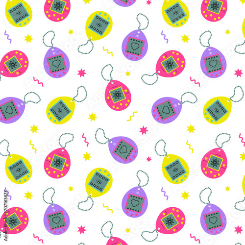 Seamless pattern with bright pink, yellow, purple kids electronic, digital toys. Old fashioned pet games. Vintage background in retro style of 90s. Neon colors. For fabrics, textiles, packaging