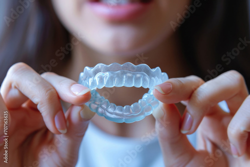 Dental Mouth Guard For Teeth Grinding Held In Womans Hands photo