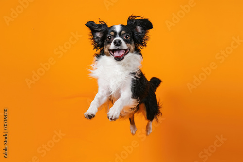 Energetic Dog Enthusiastically Jumping Against An Orange Backdrop