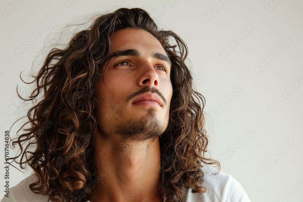 Handsome Man With Long Curly Hair, White Background Handsome Man With Long Curly Hair, White Background
