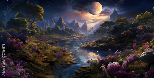 a landscape of a river on an earth like planet  night landscape with moon and stars