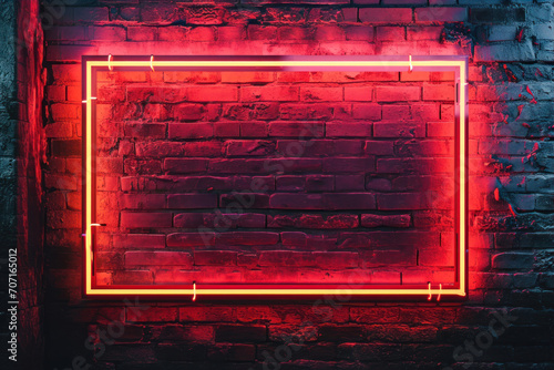 Red neon signboard on a brick wall background photo