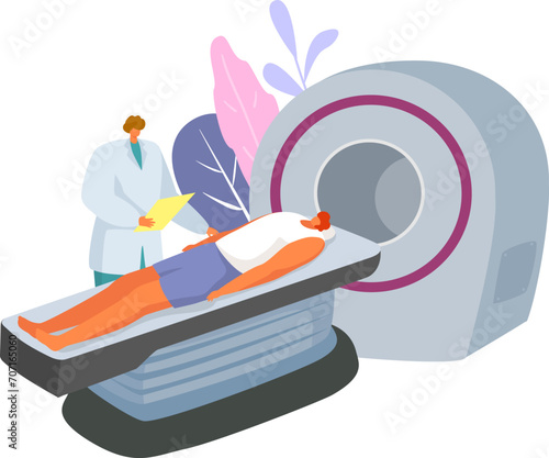 Patient undergoing MRI scan with doctor monitoring. Medical examination with magnetic resonance imaging technology. Modern healthcare and diagnostics vector illustration.