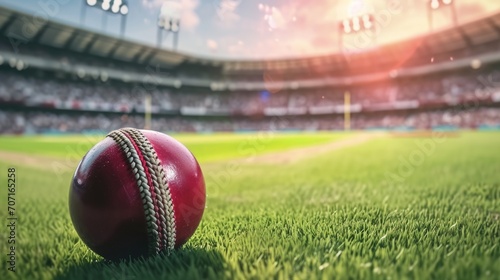 closeup of cricket red ball on cricket stadium photo