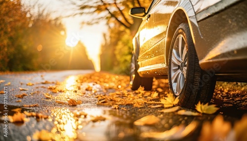 Closeup of a car with leaves stuck on wheels on a wet road in the autumn   © blackdiamond67