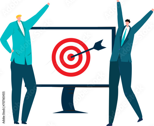 Two businessmen celebrating success in front of a target with a bullseye and dart. Office workers achieving goals and victory. Goal achievement and business success vector illustration.