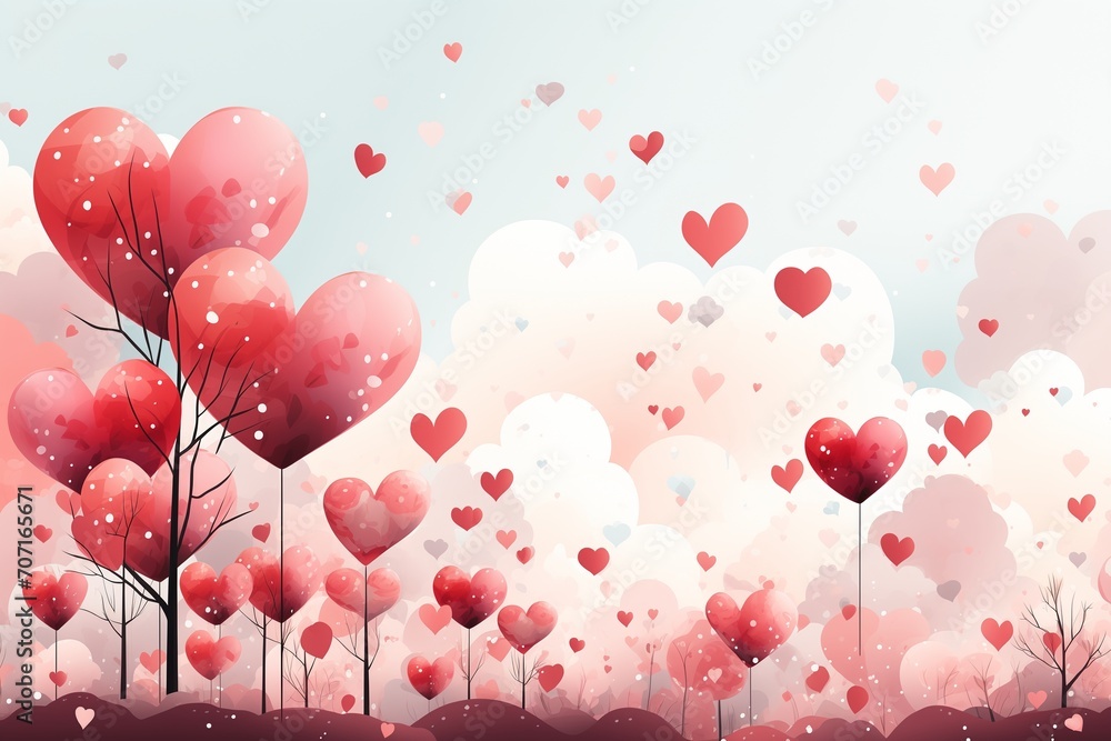 Romantic illustration with hearts and trees. St. Valentine's Day lovely greeting card, banner for holiday sale, web pages, prints, wrapping paper. Love is in the air. Generative AI.