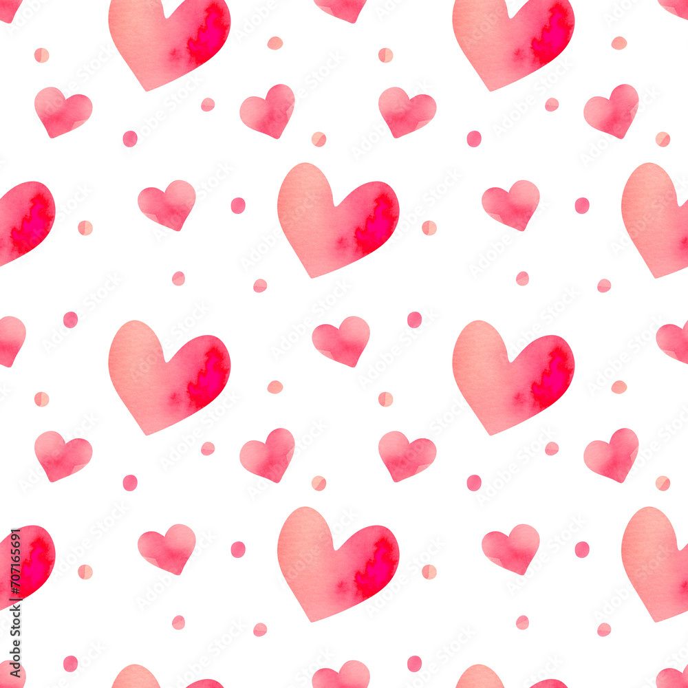 Seamless pattern with watercolor hearts in pink shades and polka dot pattern. Minimalistic valentine's day pattern for wrapping paper or souvenir print.