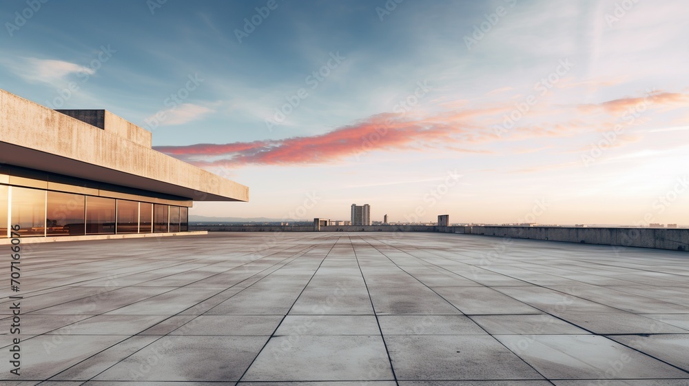 Panoramic skyline and concrete floored building