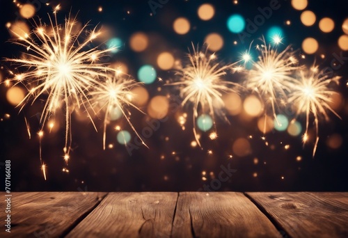 Happy New Year Silvester background banner panorama long sparklers fireworks and bokeh lights on ru