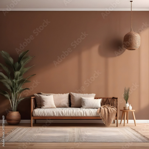Cozy home interior with wooden furniture on brown background, empty wall mockup in boho decoration. 3d render.
