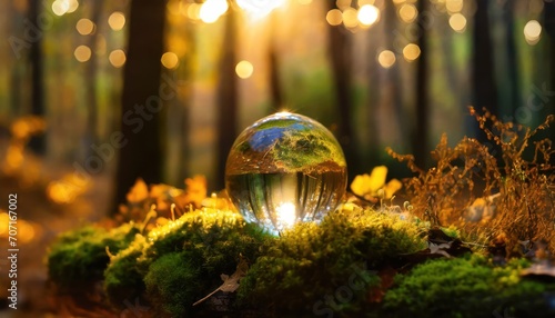  Earth Day - Environment - Green clear glass Globe In Forest With Moss And Defocused Abstract Sunlight 