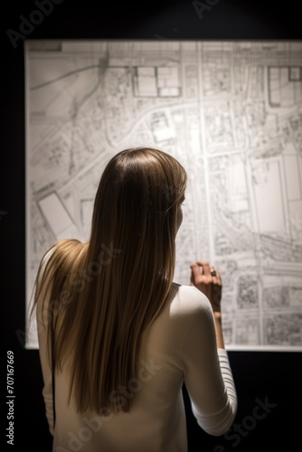 rearview shot of a young woman looking at some architecture plans