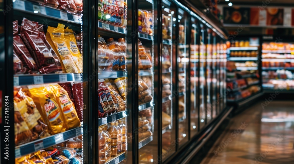 Refrigerated foods in a store. Supermarket shelves with food products. Shallow depth of field. - obrazy, fototapety, plakaty 