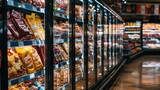 Refrigerated foods in a store. Supermarket shelves with food products. Shallow depth of field.