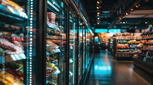 Refrigerated foods in a store. Supermarket shelves with variety of food and beverages.