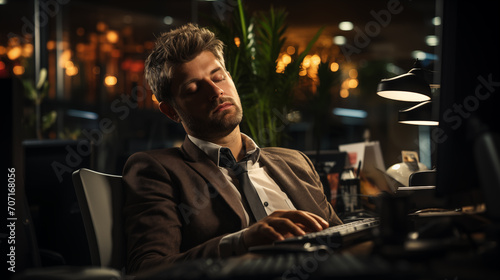 Handsome businessman working sleeping in dark office late at night