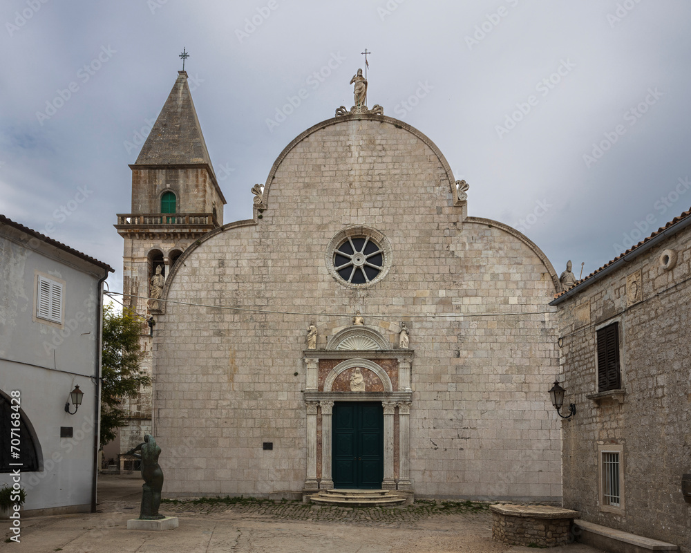 Main Town Square and entrance in the Cathedral of Osor - Cres Island Croatia