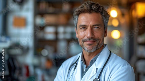 Warm and trustworthy male doctor in a medical setting  symbolizing healthcare professionalism.