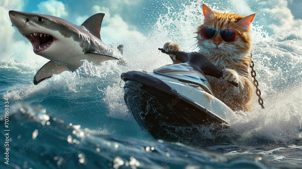 Obraz premium A shark is chasing a cat driving a motorboat