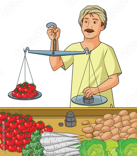 A greengrocer measuring tomatoes using a measuring scale with different vegetables placed on the counter