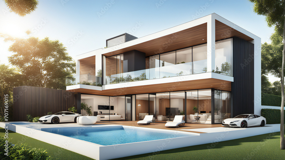 3d house model rendering on white background, 3D illustration modern cozy house with pool and parking house