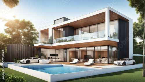 3d house model rendering on white background, 3D illustration modern cozy house with pool and parking house © samsul