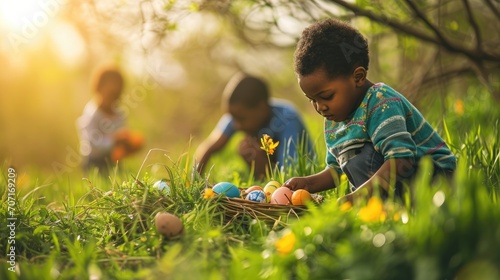 Group of African American cute kids looking for hidden colorful easter decorated eggs sitting against sunlight in spring field, 3 bunnies running in wild meadow park, children egg hunts celebrations