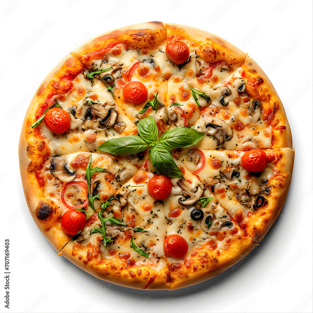 Pizza top view isolated on white background