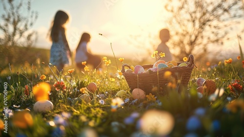 Easter hunt holiday celebration lifestyle, children enjoy eggs hunting looking for hidden colorful decorated eggs sitting against sunlight in spring field in wild meadow park, kids outdoor activities