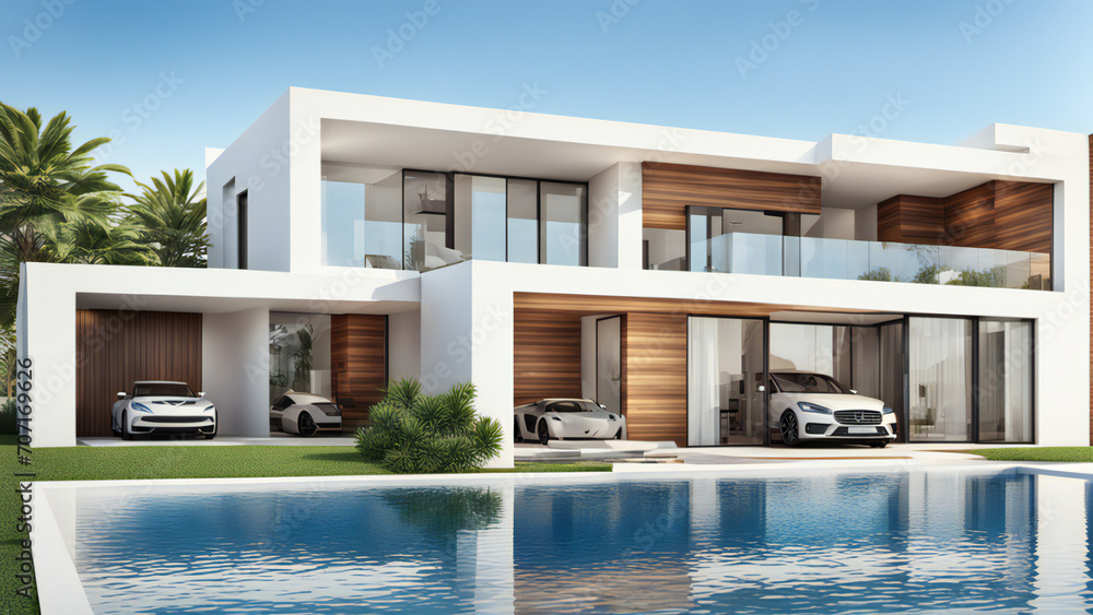 3d house model rendering on white background, 3D illustration modern cozy house with pool and parking house