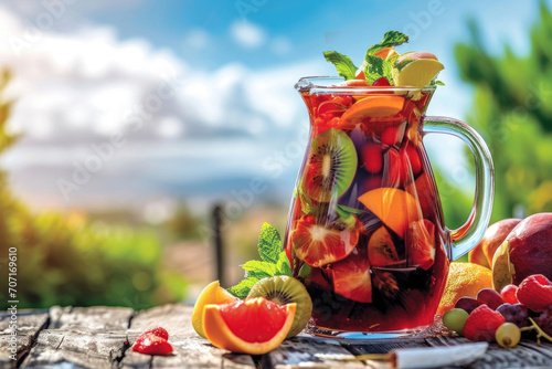 A refreshing sangria pitcher under the Mediterranean sun