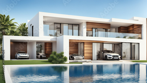 3d house model rendering on white background, 3D illustration modern cozy house with pool and parking house © home 3d