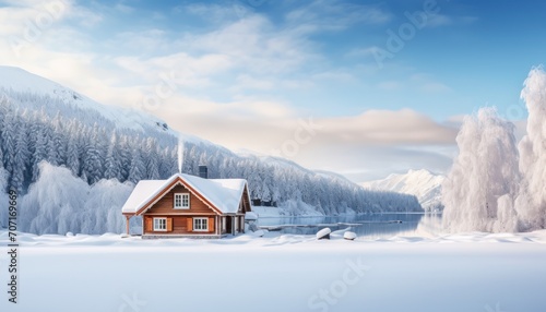 Cabin in Snowy Landscape, A Remote Retreat Amid Winters Beauty