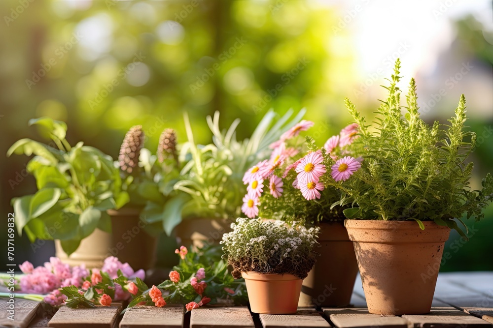 pots with flowers in outdoor garden pots with flowers in outdoor garden