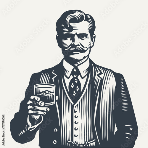 Nicely groomed gentleman in a suit holding a glass of drink. Black and white vintage woodcut style vector illustration.