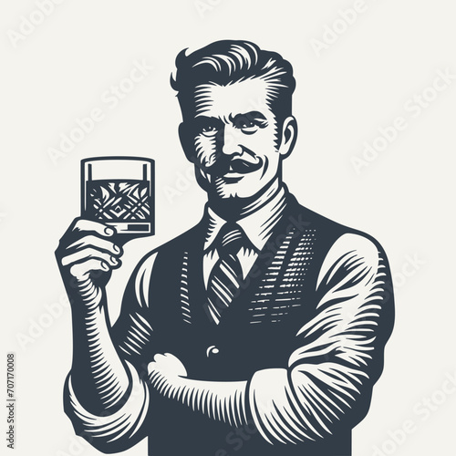 Nicely groomed gentleman in a vest holding a glass of drink. Black and white vintage woodcut style vector illustration.
