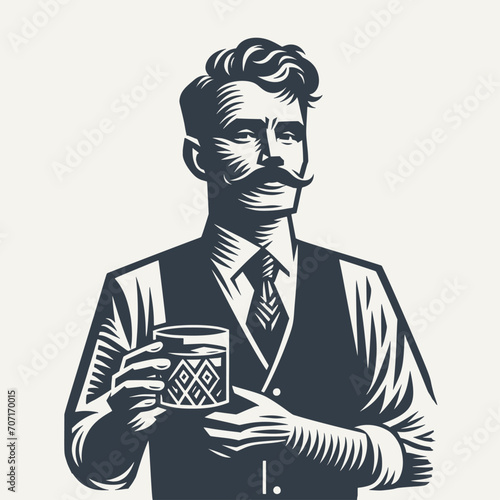 Man with facial hair in a vest holding a decorated glass of drink. Black and white vintage woodcut style vector illustration.