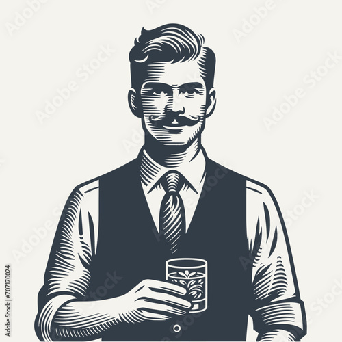 Nicely groomed gentleman in a vest holding a glass of drink. Black and white vintage woodcut style vector illustration.
