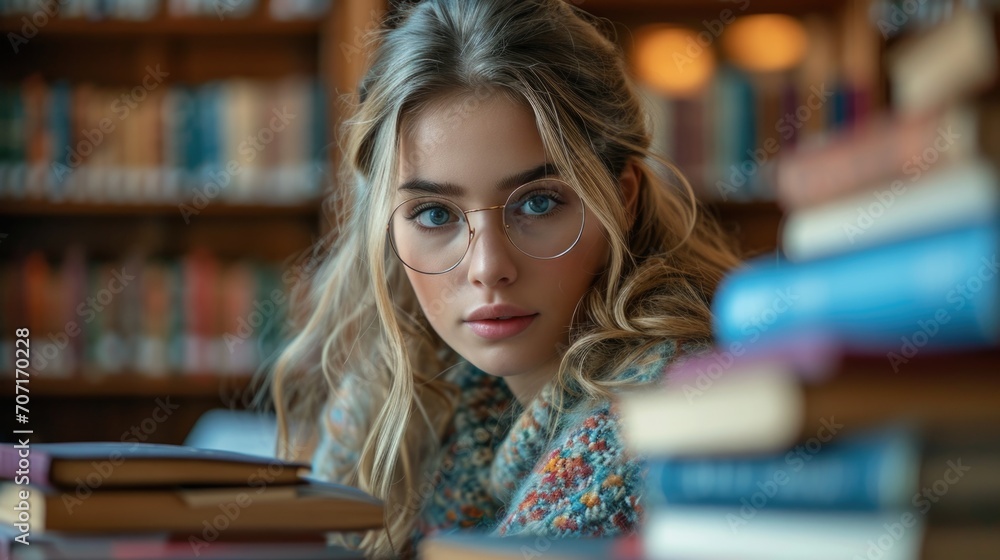 Young female student studying in a library, representing academic focus and education. Young female student studying in a library, representing academic focus and education.