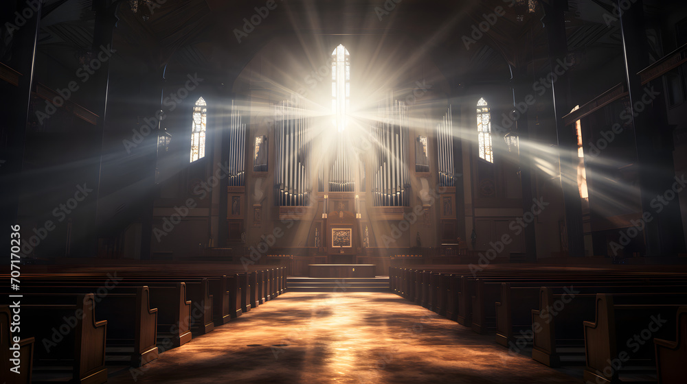 Sonnenstrahlen durch ein Kirchenfenster beleuchtet Kirche