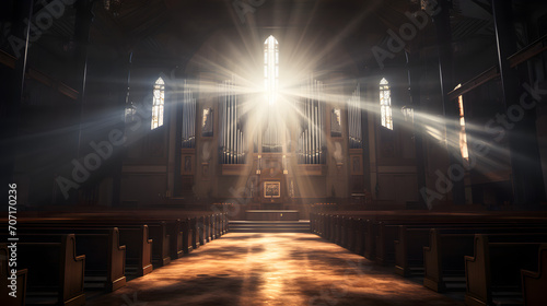 Sonnenstrahlen durch ein Kirchenfenster beleuchtet Kirche photo