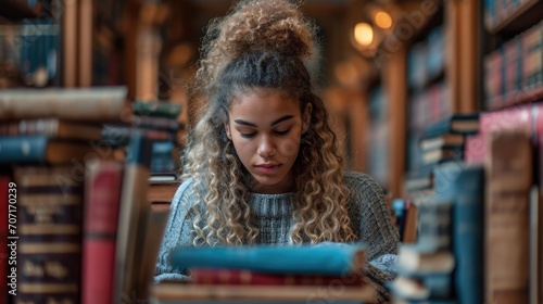 Young female student studying in a library, representing academic focus and education.
