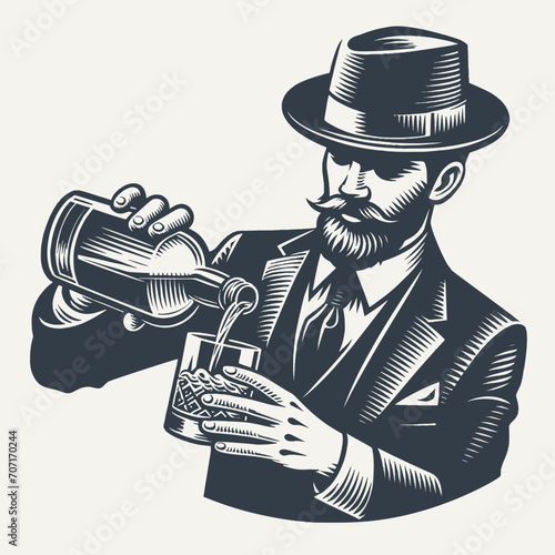 Nicely groomed bartender wearing a suit and a hat, pouring a drink from a bottle to a glass. Black and white vintage woodcut style vector illustration.