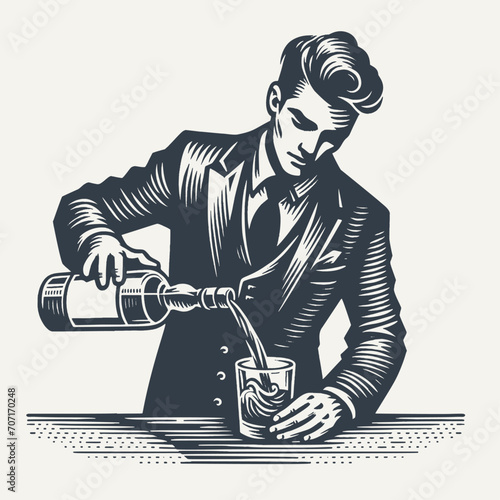 Nicely groomed bartender in a suit pouring a drink from a bottle to a glass. Black and white vintage woodcut style vector illustration.