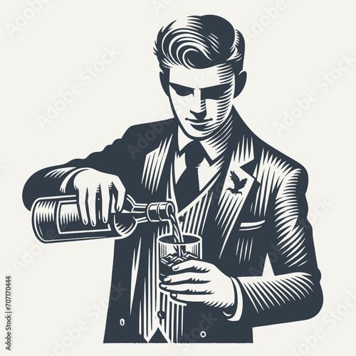 Nicely groomed bartender in a suit pouring a drink from a bottle to a glass. Black and white vintage woodcut style vector illustration.