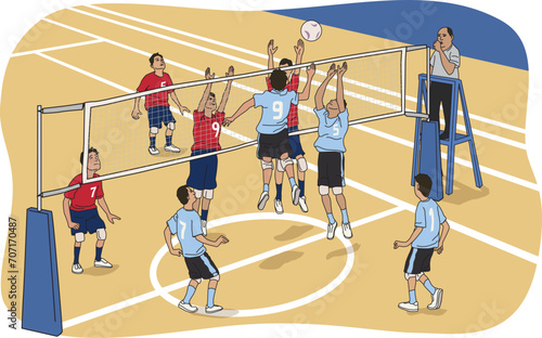 A volleyball team playing match with a lot of players